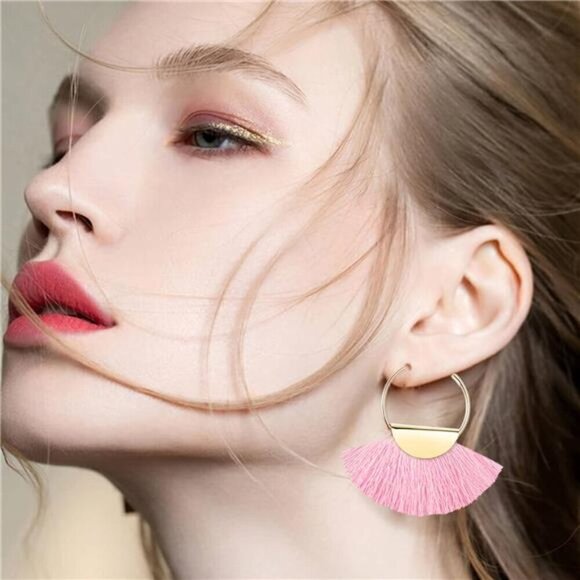 4 Pairs Pink Tassel Earrings For Women Fan Shape Tassel Earrings Long - Picture 5 of 6